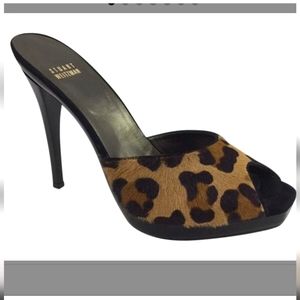 Stuart Wietzman Leopard Print Fur Slip on Heels Peep Toe Damsel Cognac